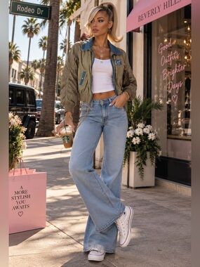 Vintage Y2K Azzure  Quilted Denim Trim Bomber Jacket Size S